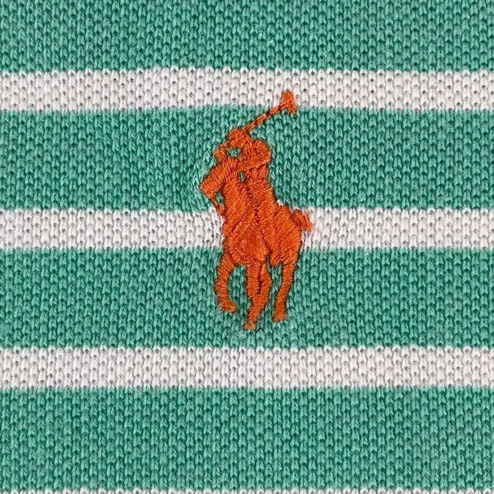 Polo Ralph Lauren Polo Shirt Men Large Aqua Green Striped‎ Orange Pony SS Preppy
